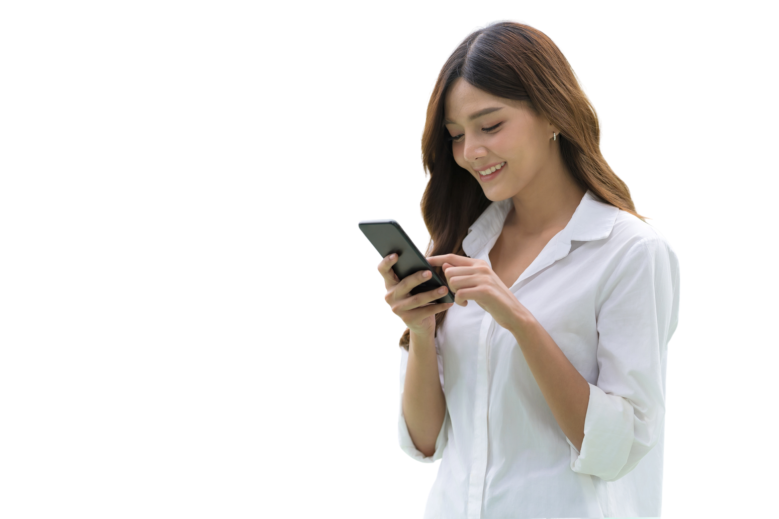 Outdoors Portrait of Happy Young Woman Using a Phone